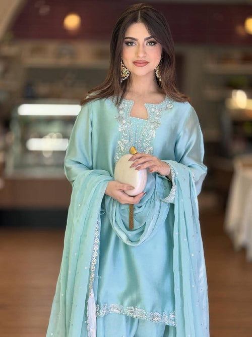 Aarunya Roman Glass Silk Rivet Moti Embroidered Farshi Palazzo Suit with Organza Dupatta