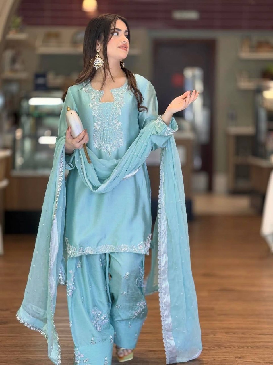 Aarunya Roman Glass Silk Rivet Moti Embroidered Farshi Palazzo Suit with Organza Dupatta
