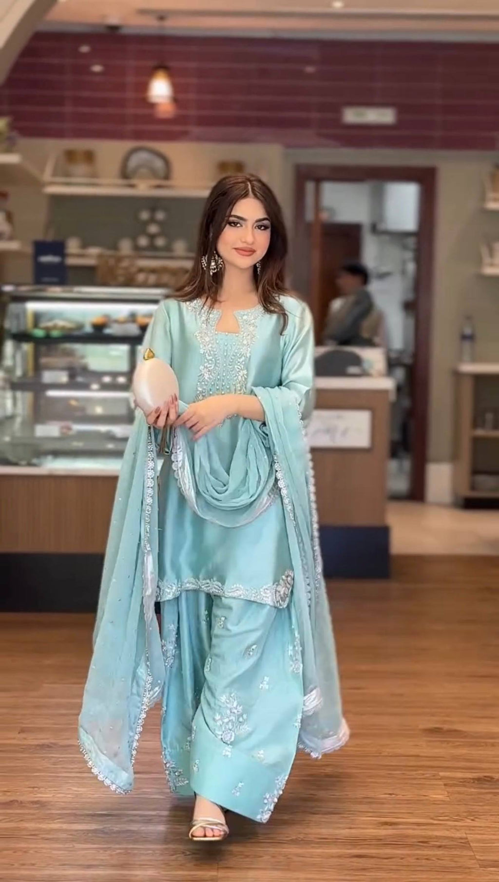 Aarunya Roman Glass Silk Rivet Moti Embroidered Farshi Palazzo Suit with Organza Dupatta