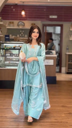 Aarunya Roman Glass Silk Rivet Moti Embroidered Farshi Palazzo Suit with Organza Dupatta