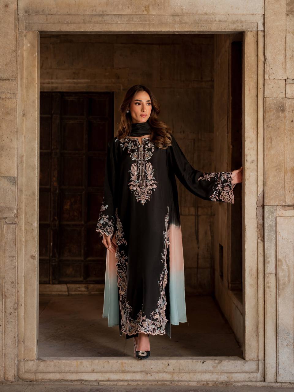 Aafiya Designer Pure Satin Rayon Embroidered Long Kaftan Set with Shaded Chiffon Dupatta