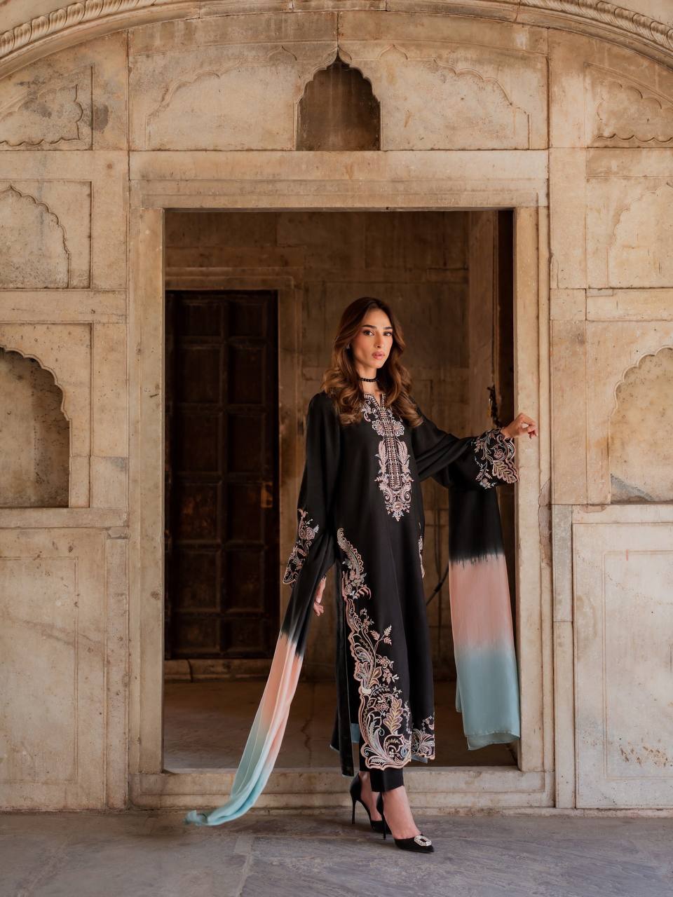 Aafiya Designer Pure Satin Rayon Embroidered Long Kaftan Set with Shaded Chiffon Dupatta