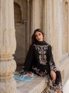 Aafiya Designer Pure Satin Rayon Embroidered Long Kaftan Set with Shaded Chiffon Dupatta