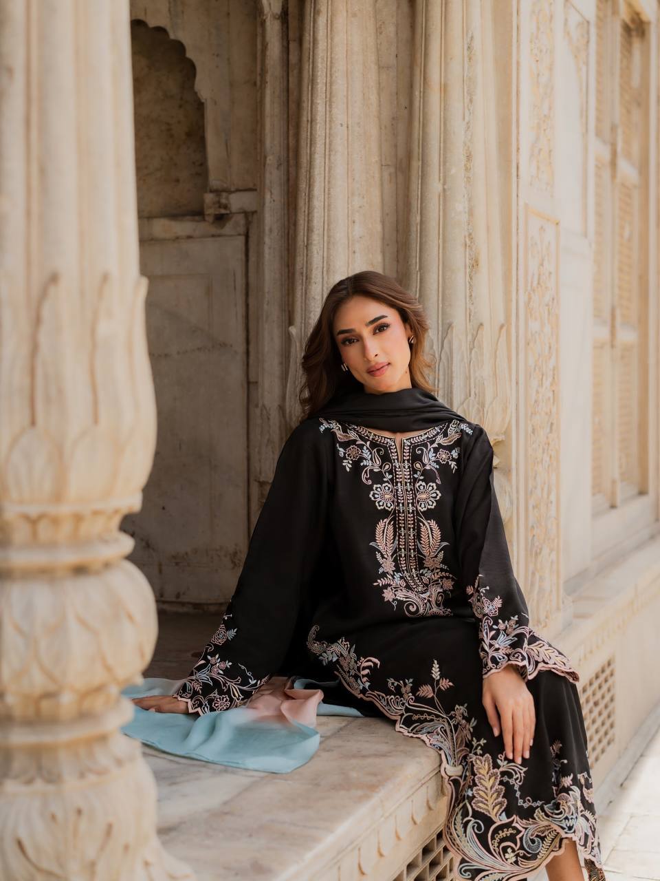 Aafiya Designer Pure Satin Rayon Embroidered Long Kaftan Set with Shaded Chiffon Dupatta