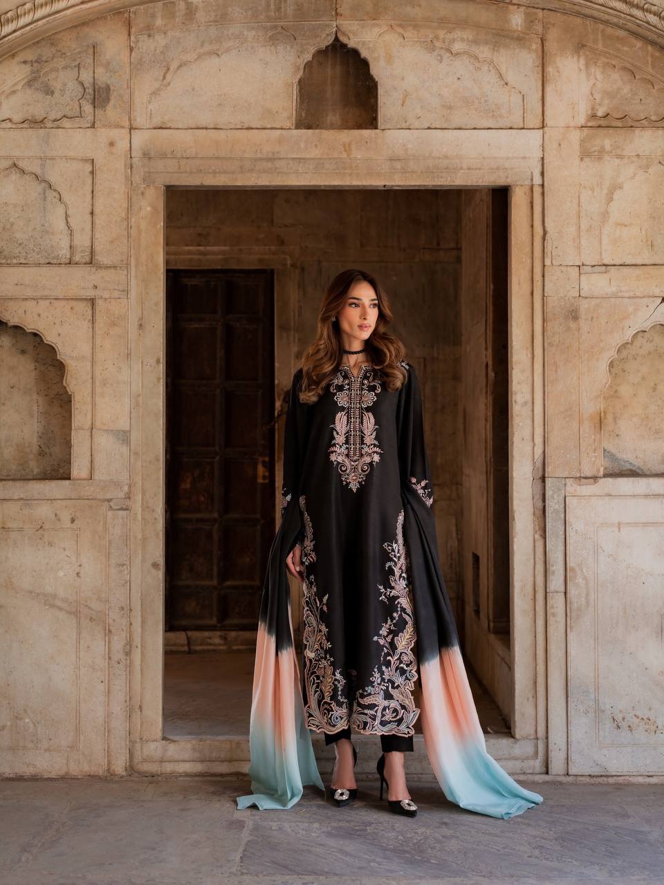 Aafiya Designer Pure Satin Rayon Embroidered Long Kaftan Set with Shaded Chiffon Dupatta