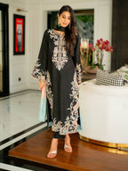Aafiya Designer Pure Satin Rayon Embroidered Long Kaftan Set with Shaded Chiffon Dupatta