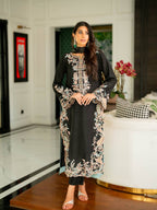 Aafiya Designer Pure Satin Rayon Embroidered Long Kaftan Set with Shaded Chiffon Dupatta