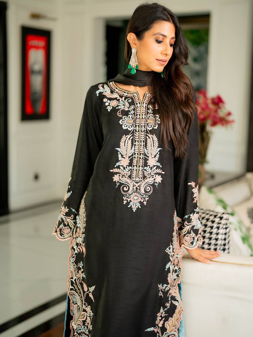 Aafiya Designer Pure Satin Rayon Embroidered Long Kaftan Set with Shaded Chiffon Dupatta