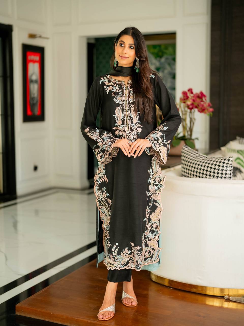 Aafiya Designer Pure Satin Rayon Embroidered Long Kaftan Set with Shaded Chiffon Dupatta