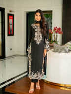 Aafiya Designer Pure Satin Rayon Embroidered Long Kaftan Set with Shaded Chiffon Dupatta