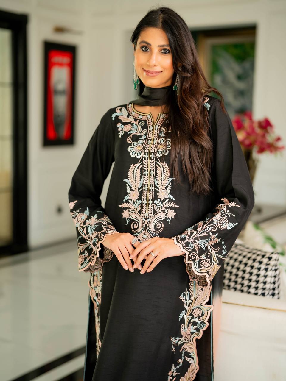 Aafiya Designer Pure Satin Rayon Embroidered Long Kaftan Set with Shaded Chiffon Dupatta