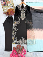 Aafiya Designer Pure Satin Rayon Embroidered Long Kaftan Set with Shaded Chiffon Dupatta