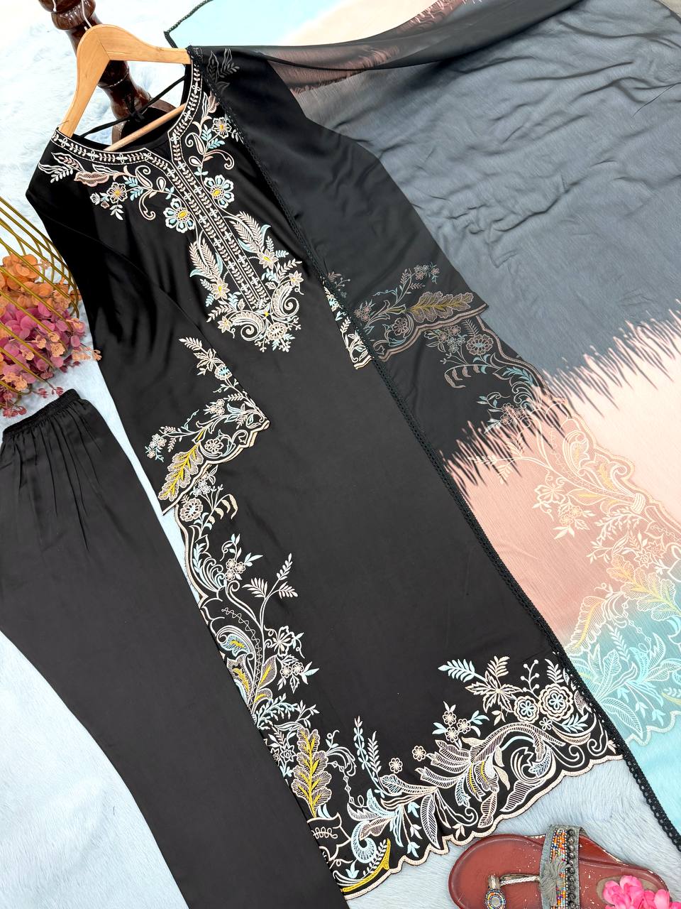 Aafiya Designer Pure Satin Rayon Embroidered Long Kaftan Set with Shaded Chiffon Dupatta
