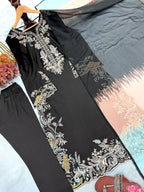 Aafiya Designer Pure Satin Rayon Embroidered Long Kaftan Set with Shaded Chiffon Dupatta
