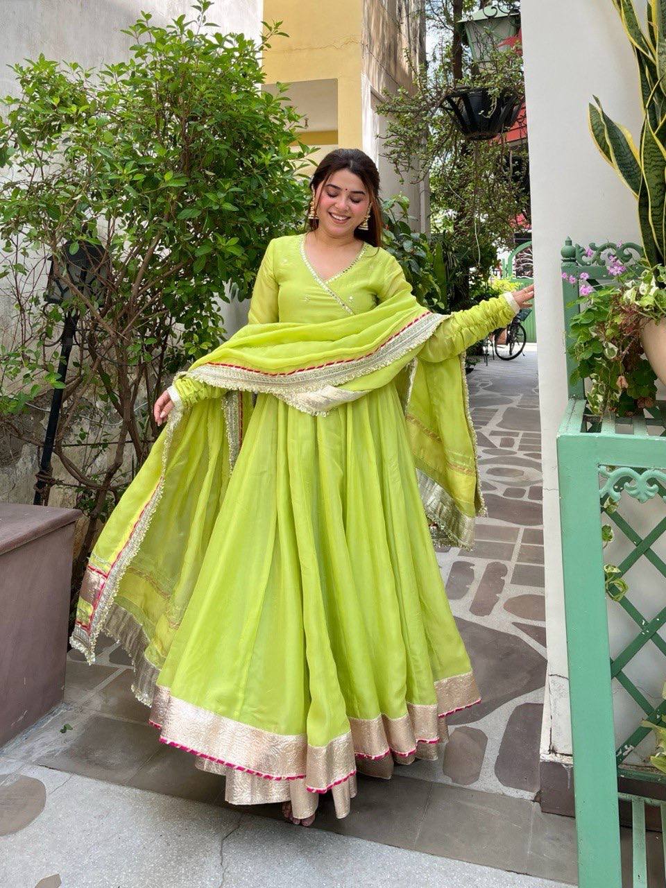 Aarohi Tabby Organza Silk Mirror Work Anarkali Lehenga with Dupatta