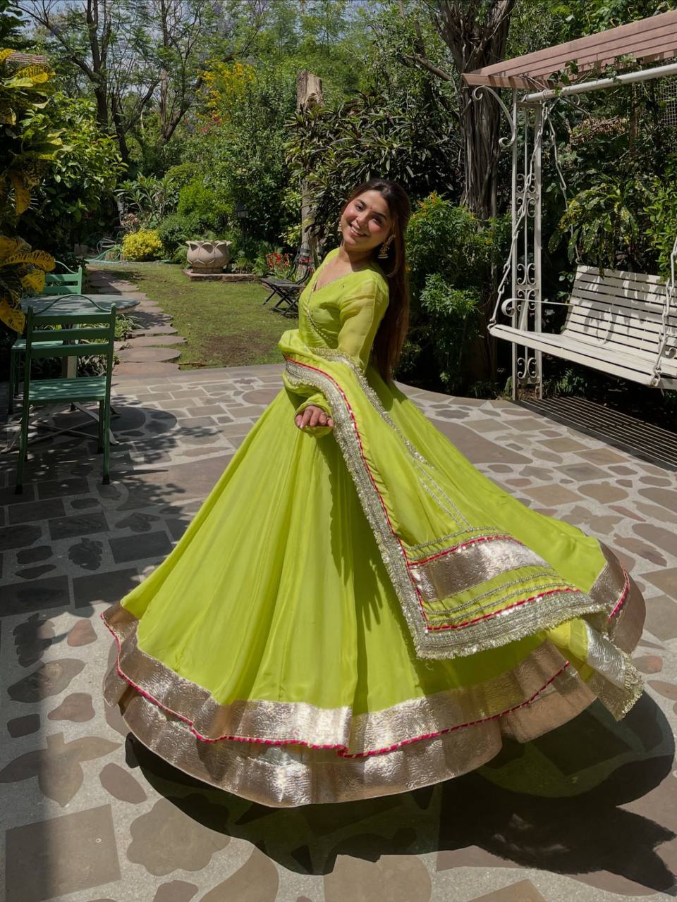 Aarohi Tabby Organza Silk Mirror Work Anarkali Lehenga with Dupatta