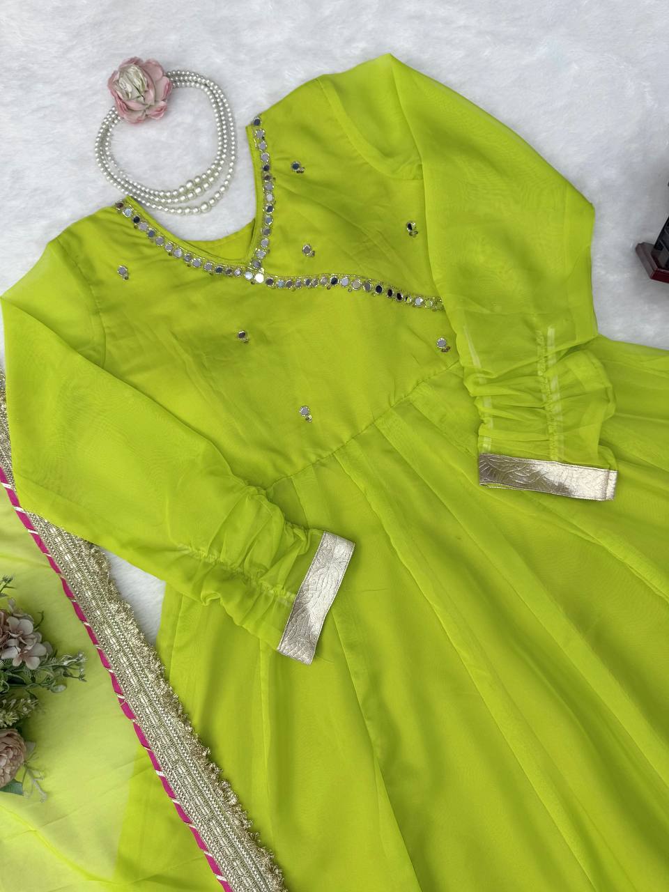 Aarohi Tabby Organza Silk Mirror Work Anarkali Lehenga with Dupatta