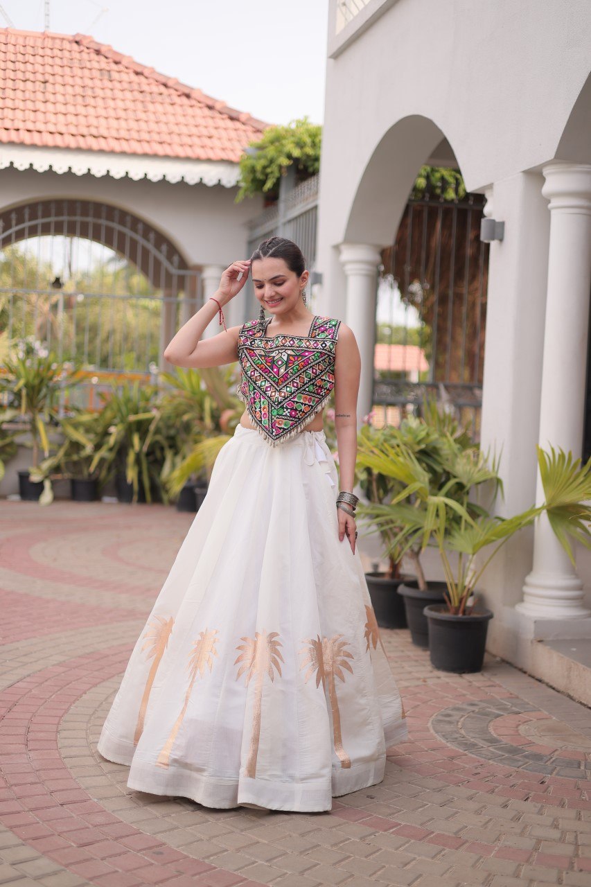 Vaidehi Roman Coconut Gota Lehenga with Kutchi Gamthi Embroidered Blouse