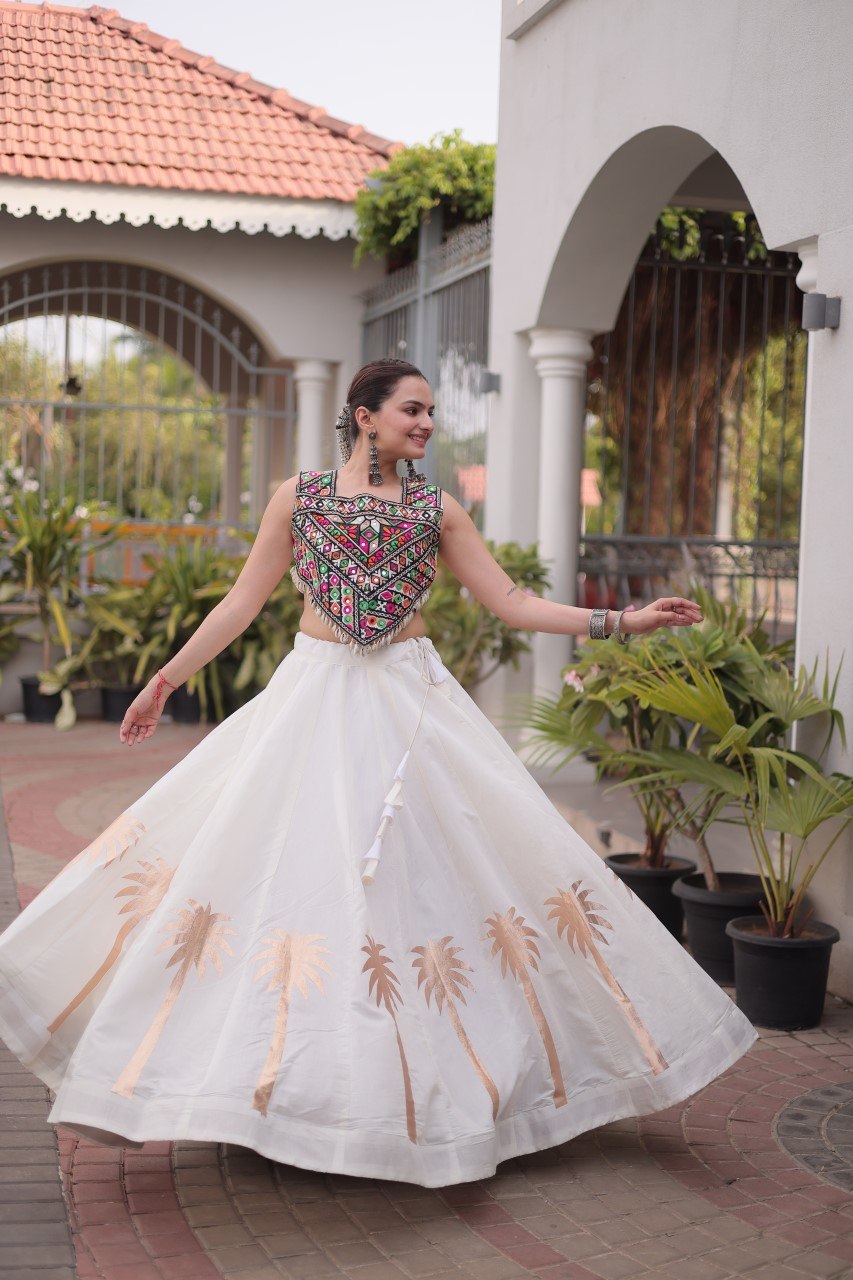 Vaidehi Roman Coconut Gota Lehenga with Kutchi Gamthi Embroidered Blouse