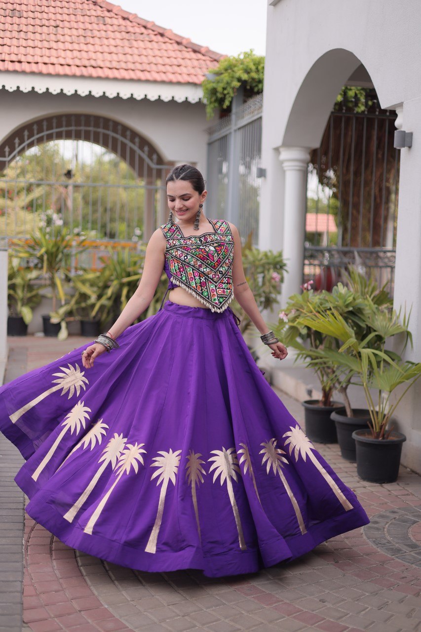 Vaidehi Roman Coconut Gota Lehenga with Kutchi Gamthi Embroidered Blouse