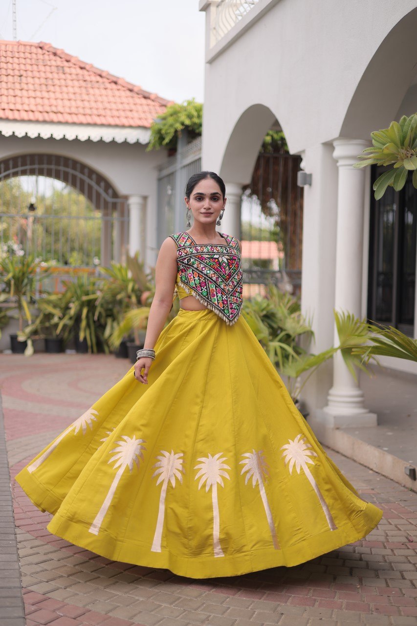 Vaidehi Roman Coconut Gota Lehenga with Kutchi Gamthi Embroidered Blouse