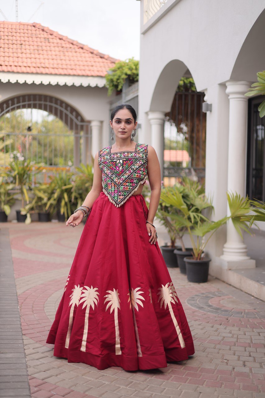 Vaidehi Roman Coconut Gota Lehenga with Kutchi Gamthi Embroidered Blouse
