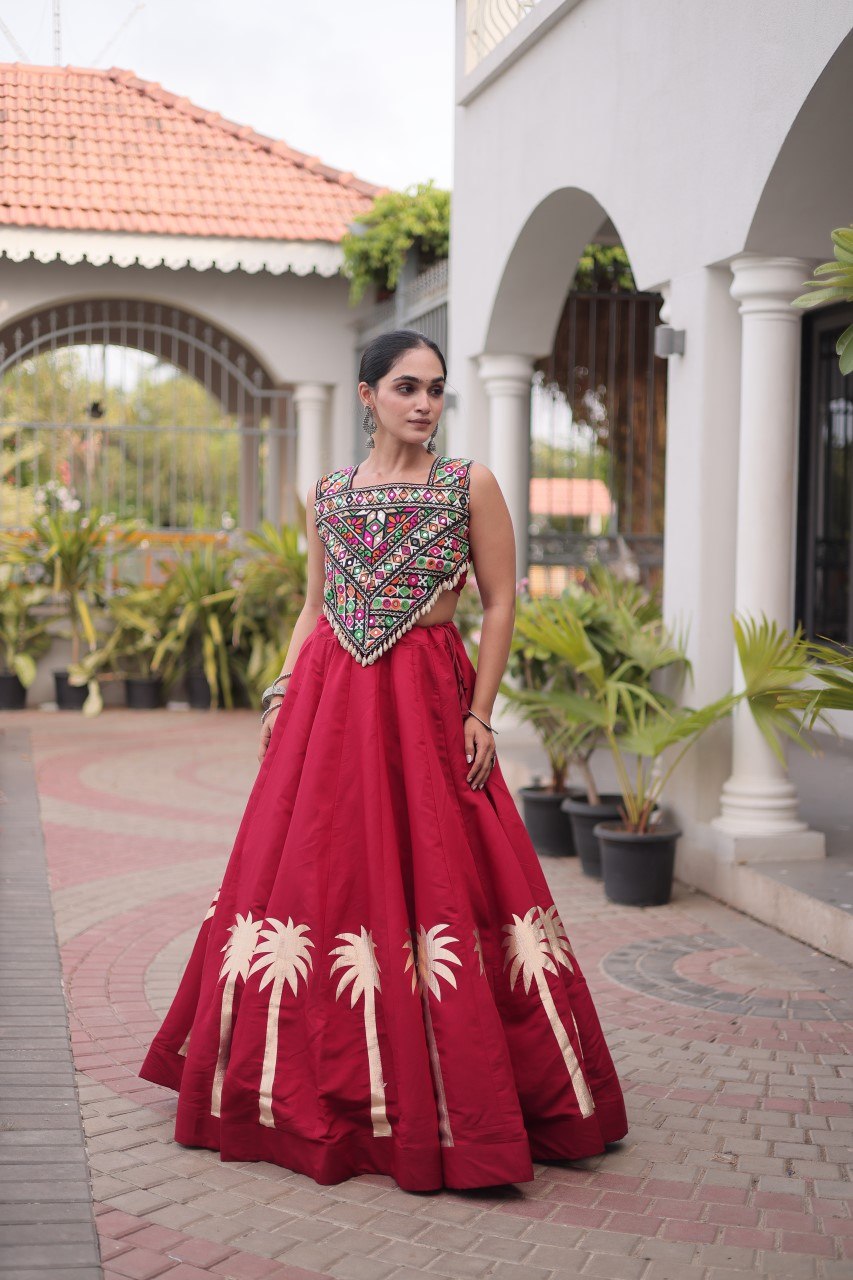 Vaidehi Roman Coconut Gota Lehenga with Kutchi Gamthi Embroidered Blouse