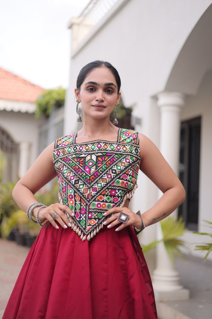 Vaidehi Roman Coconut Gota Lehenga with Kutchi Gamthi Embroidered Blouse
