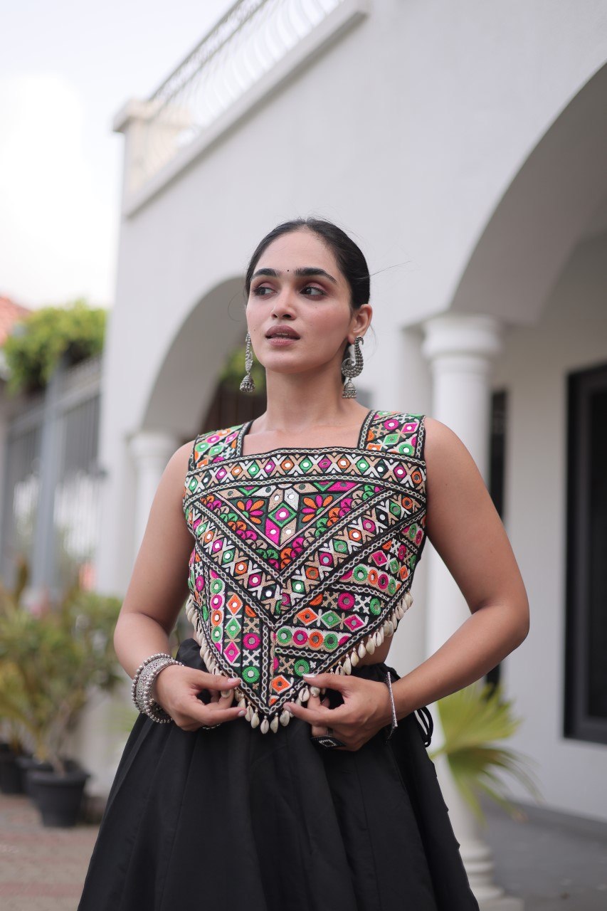 Vaidehi Roman Coconut Gota Lehenga with Kutchi Gamthi Embroidered Blouse