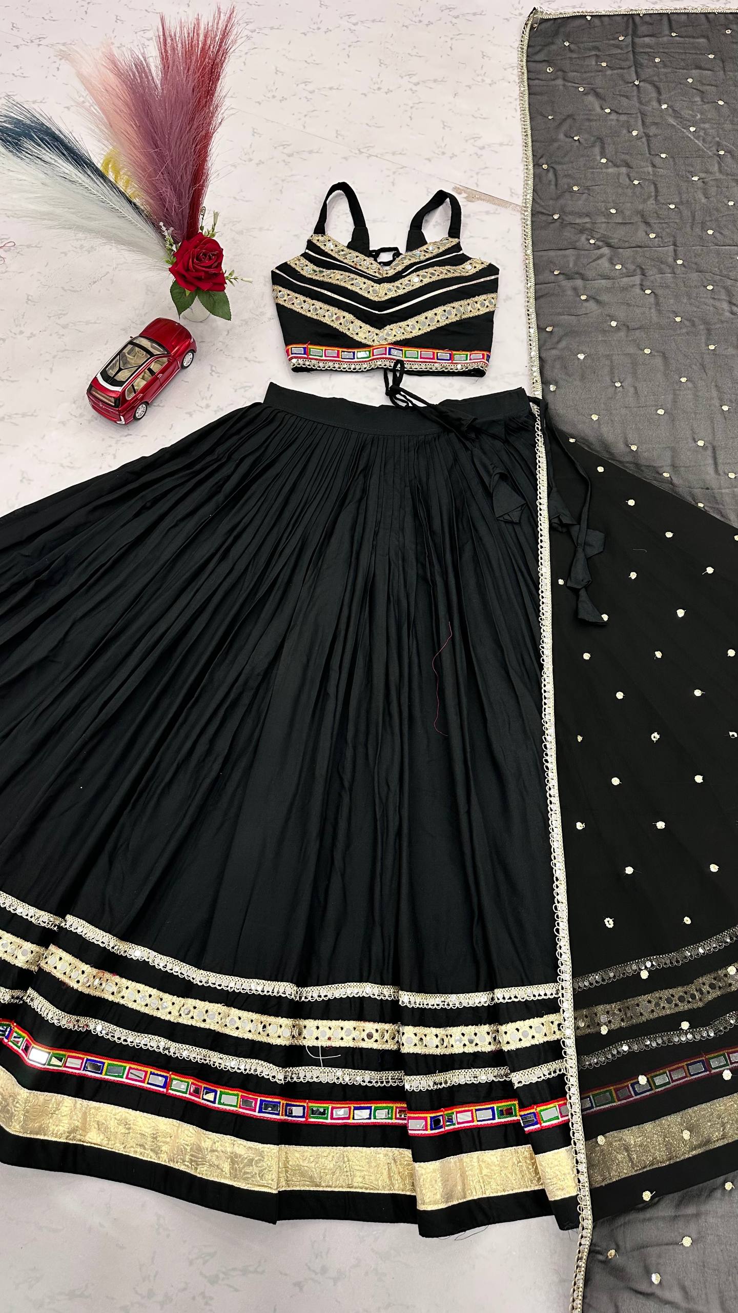 Garvika Pure Cotton Gamthi Mirror Work Lehenga Choli with Embroidered Dupatta
