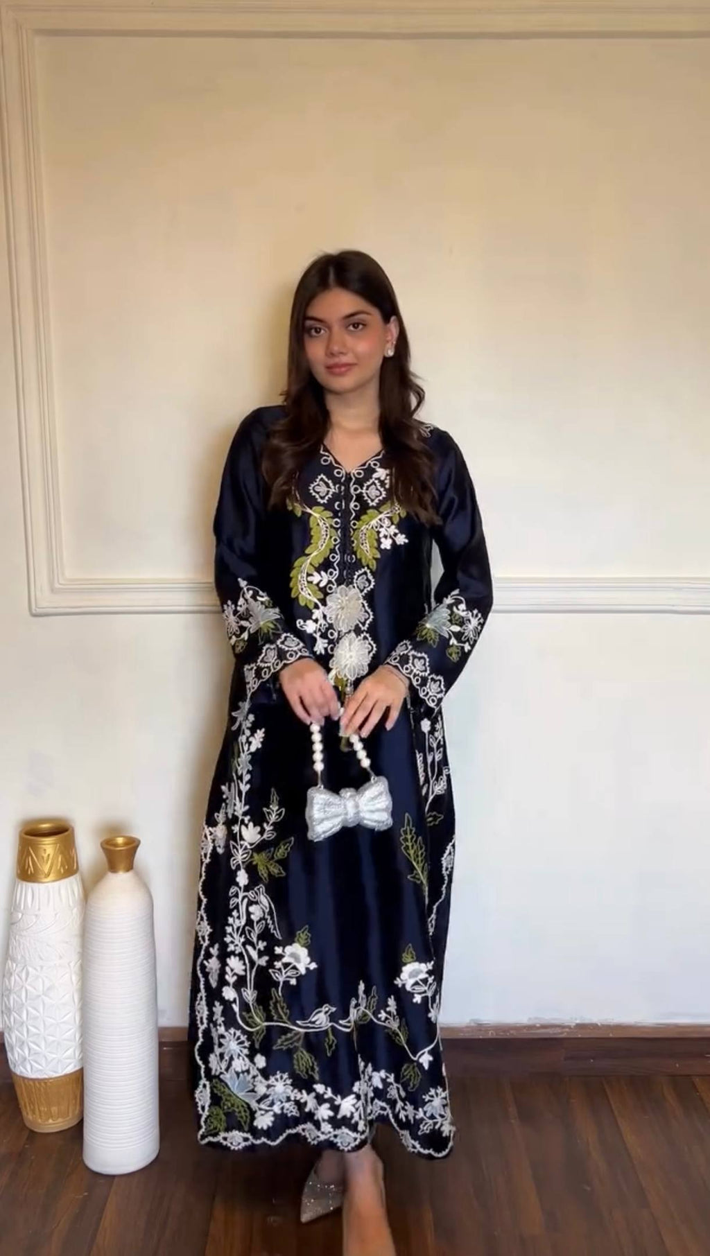 Ishika Satin Rayon Embroidered Long Kaftan Set with Chiffon Georgette Dupatta