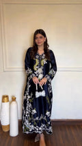 Ishika Satin Rayon Embroidered Long Kaftan Set with Chiffon Georgette Dupatta