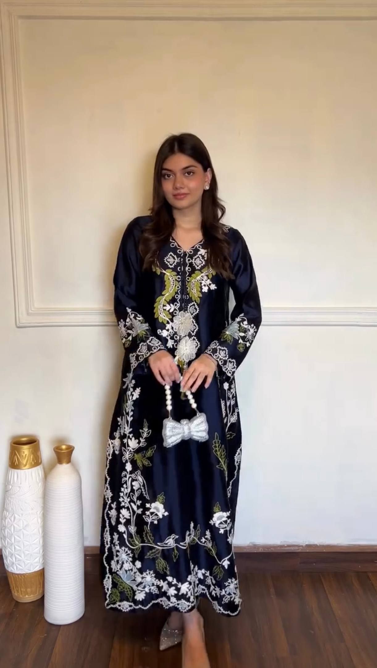 Ishika Satin Rayon Embroidered Long Kaftan Set with Chiffon Georgette Dupatta