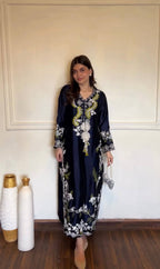 Ishika Satin Rayon Embroidered Long Kaftan Set with Chiffon Georgette Dupatta