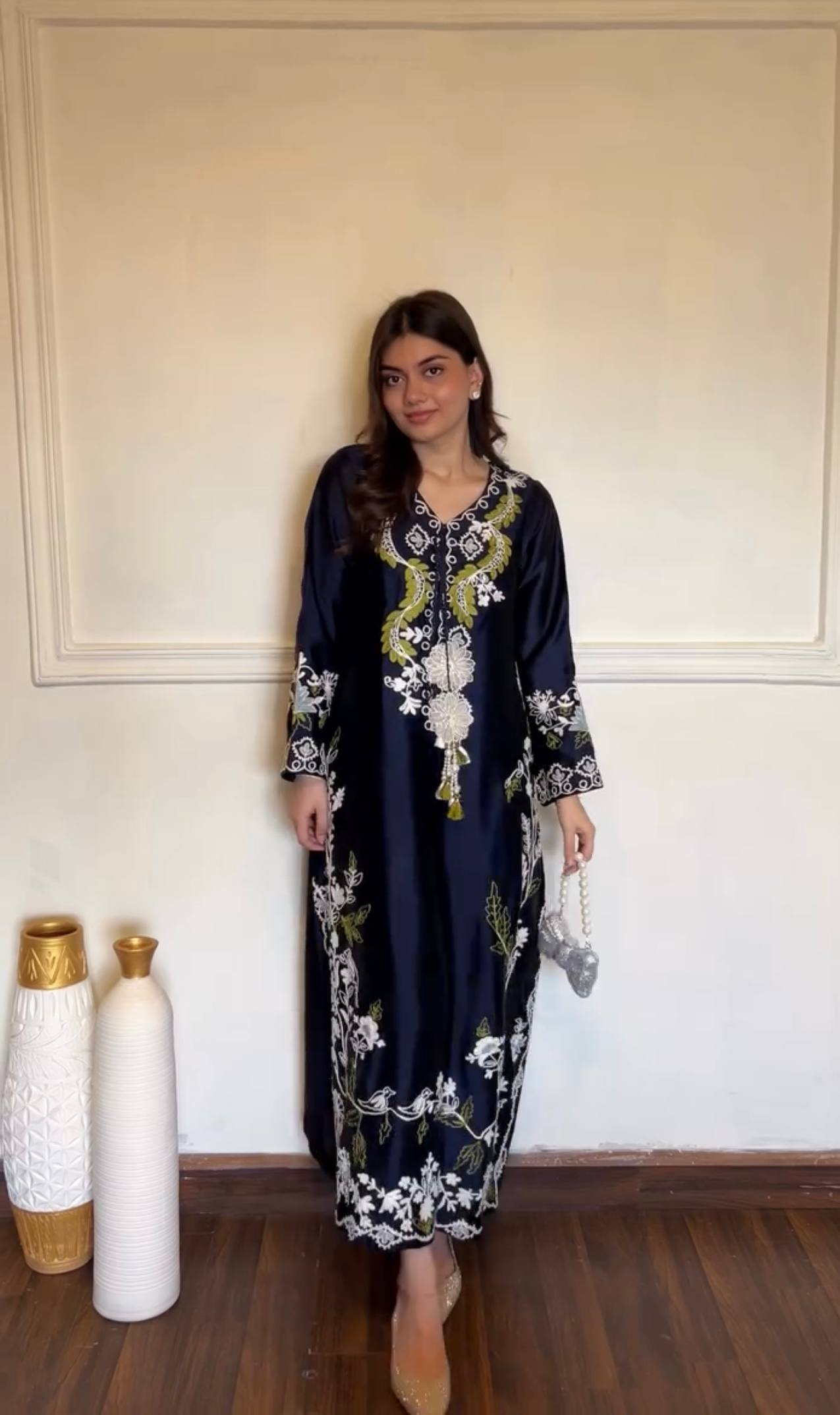 Ishika Satin Rayon Embroidered Long Kaftan Set with Chiffon Georgette Dupatta