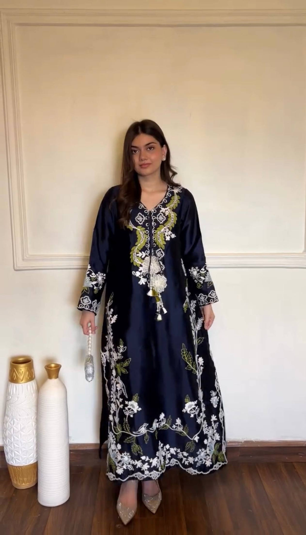 Ishika Satin Rayon Embroidered Long Kaftan Set with Chiffon Georgette Dupatta