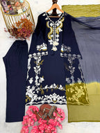 Ishika Satin Rayon Embroidered Long Kaftan Set with Chiffon Georgette Dupatta
