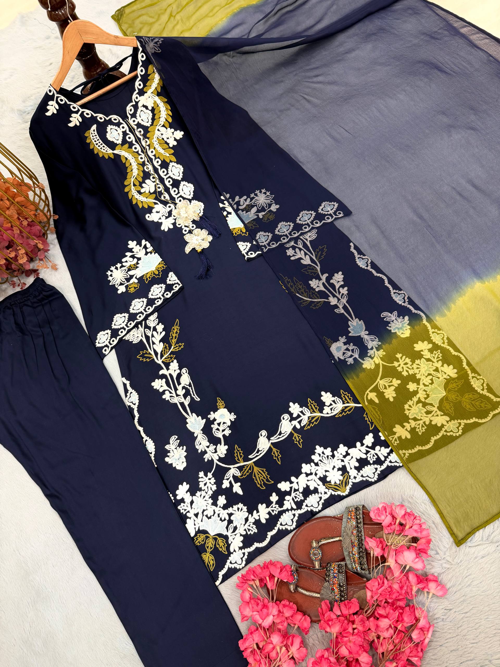 Ishika Satin Rayon Embroidered Long Kaftan Set with Chiffon Georgette Dupatta