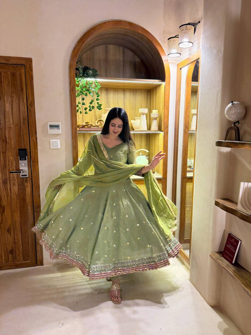 Yuvrika Vichitra Silk 5mm Sequins Embroidered Anarkali Suit with Pant & Organza Dupatta