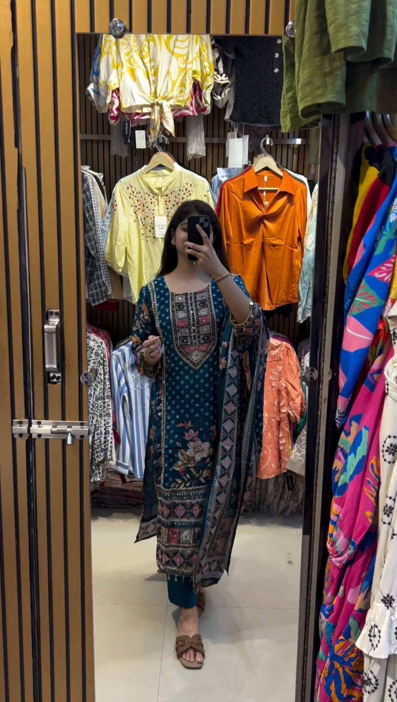 Designer Printed Chinon Suit with Mirror Work & Coin Lace Border