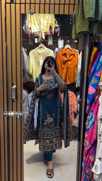 Designer Printed Chinon Suit with Mirror Work & Coin Lace Border