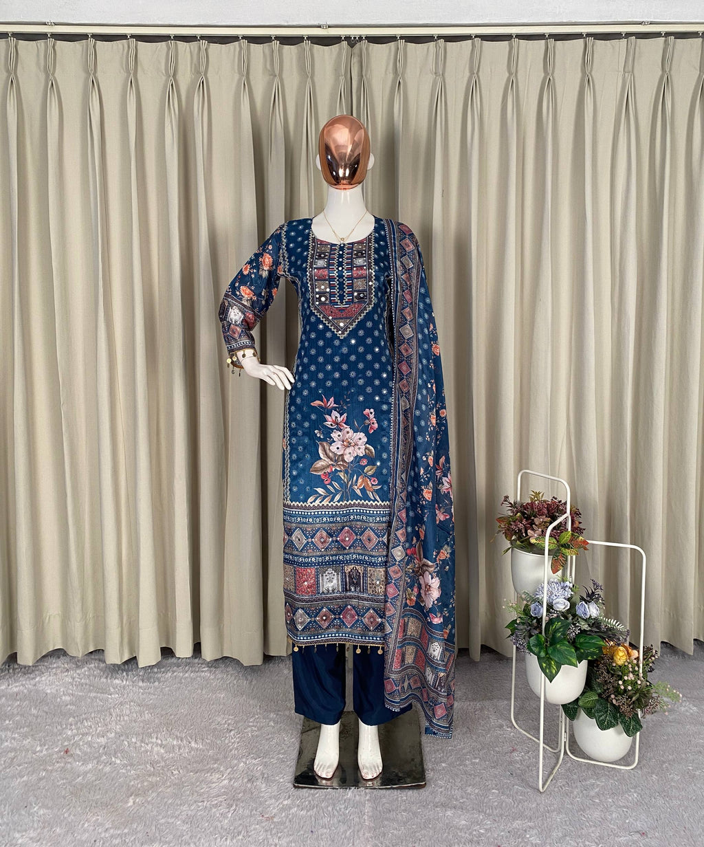 Designer Printed Chinon Suit with Mirror Work & Coin Lace Border