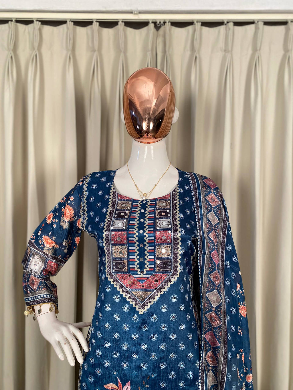 Designer Printed Chinon Suit with Mirror Work & Coin Lace Border