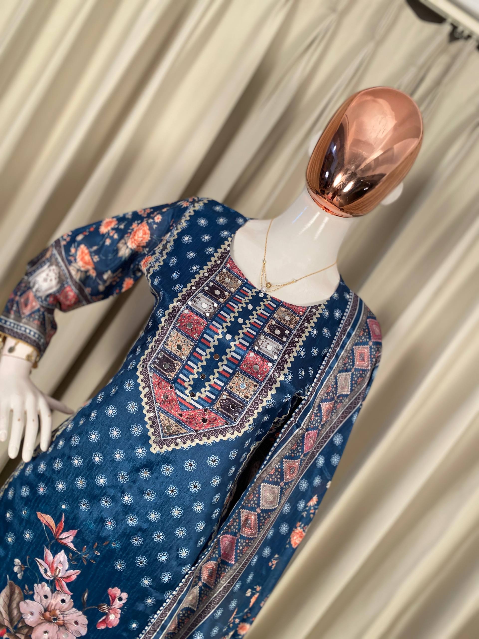 Designer Printed Chinon Suit with Mirror Work & Coin Lace Border