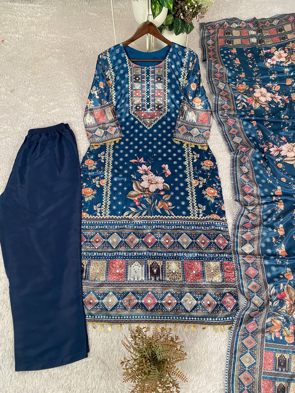 Designer Printed Chinon Suit with Mirror Work & Coin Lace Border