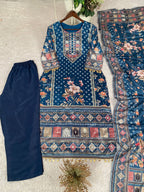 Designer Printed Chinon Suit with Mirror Work & Coin Lace Border