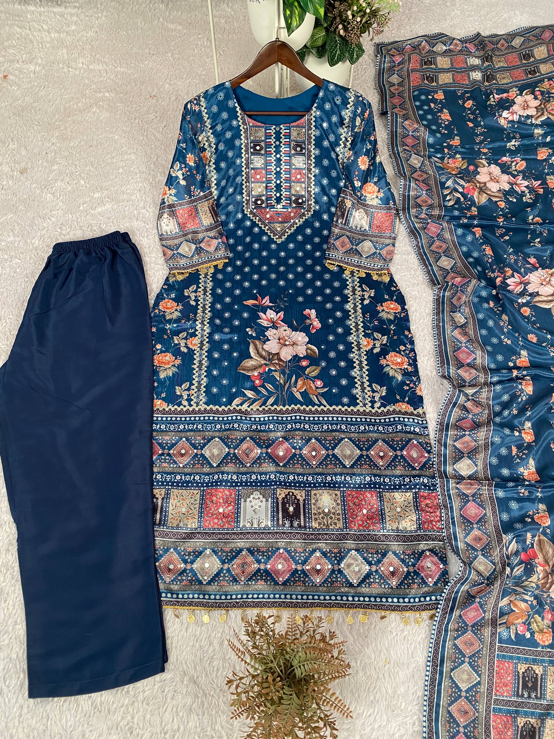 Designer Printed Chinon Suit with Mirror Work & Coin Lace Border