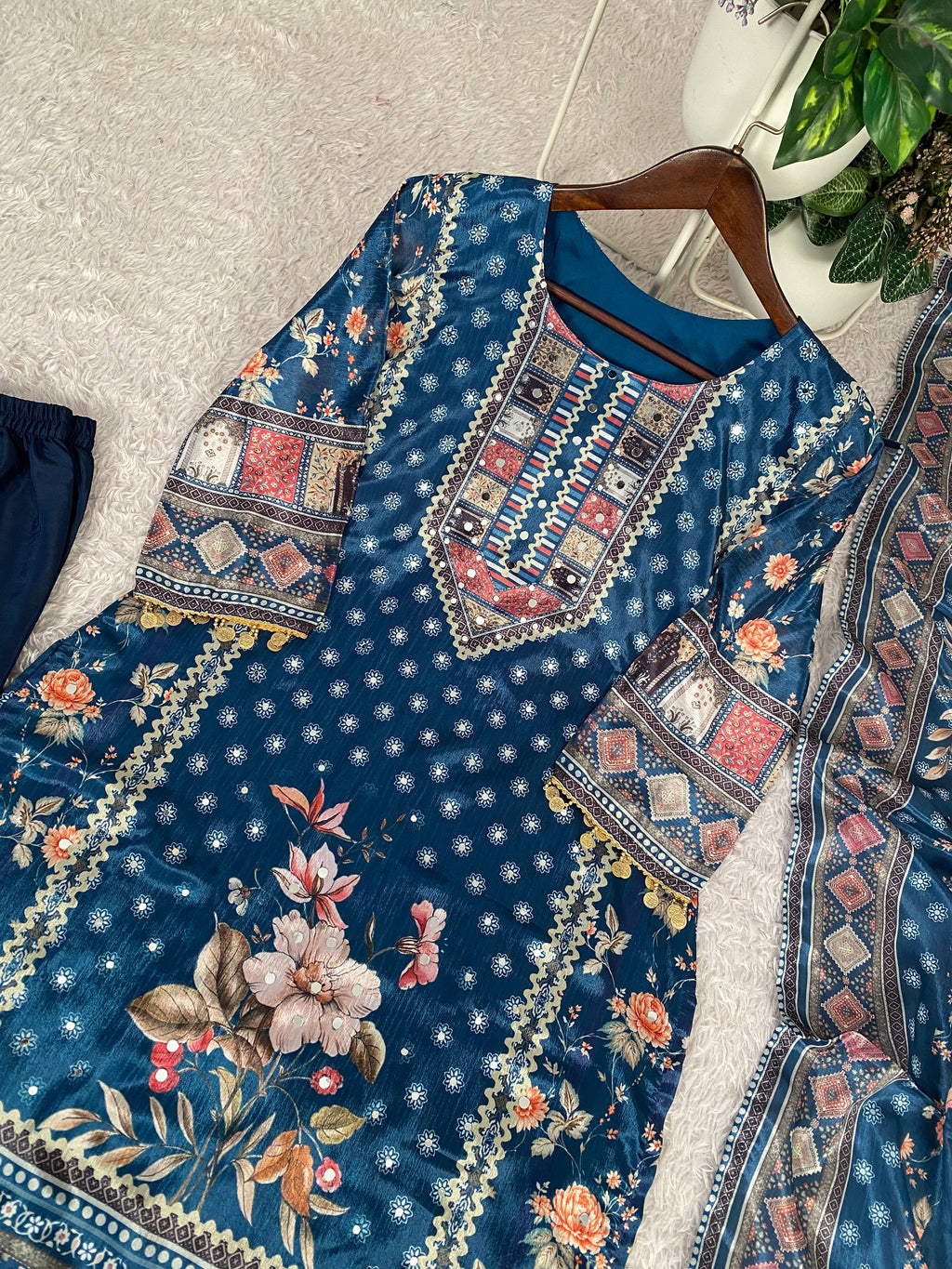 Designer Printed Chinon Suit with Mirror Work & Coin Lace Border