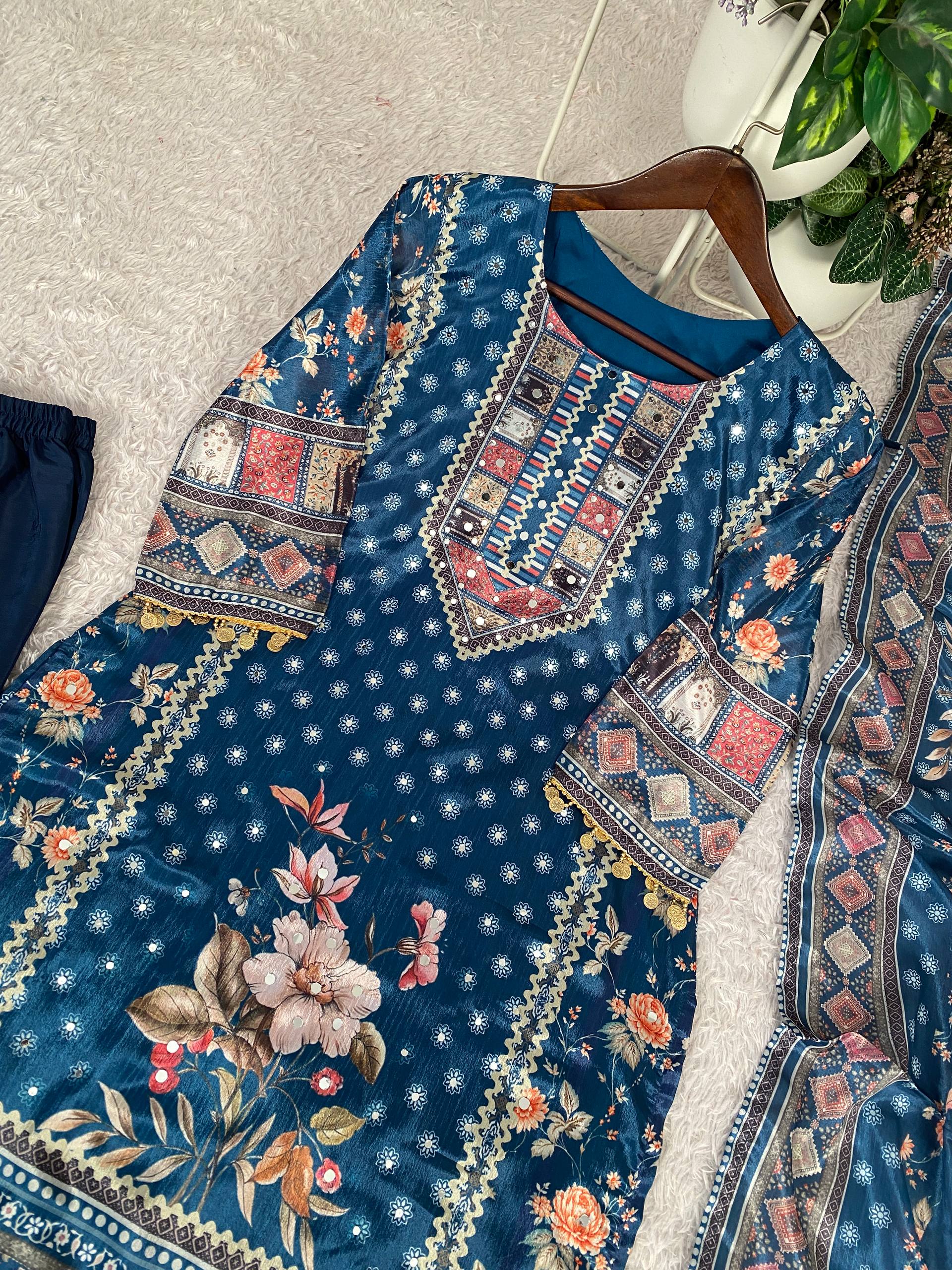 Designer Printed Chinon Suit with Mirror Work & Coin Lace Border