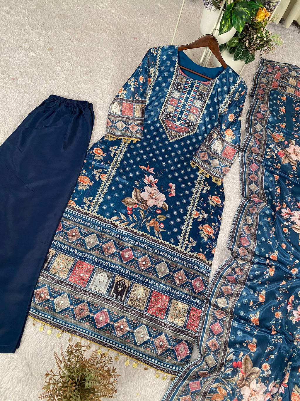 Designer Printed Chinon Suit with Mirror Work & Coin Lace Border